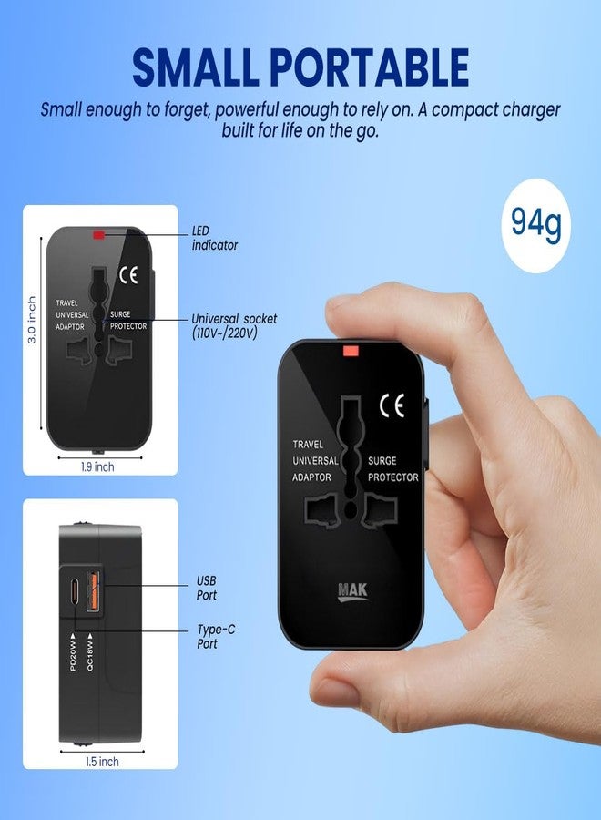 ماك محول سفر عالمي من MAK مزود بمنفذ إخراج USB-A بقوة 18 وات ومنفذ Type-C PD بقوة 20 وات، محول شحن سريع دولي شامل، مناسب لأكثر من 200 دولة (الولايات المتحدة، المملكة المتحدة، الاتحاد الأوروبي، أستراليا، إلخ) (أسود) - Image 2